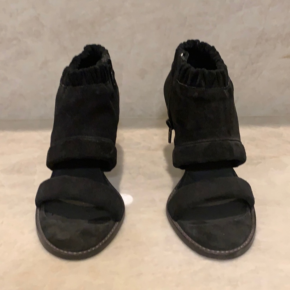 Suede open toe with gun metal heel